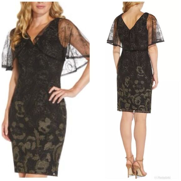 Adrianna Papell Black Metallic Sheath Mini Embroidered Cape Dress - Picture 1 of 17